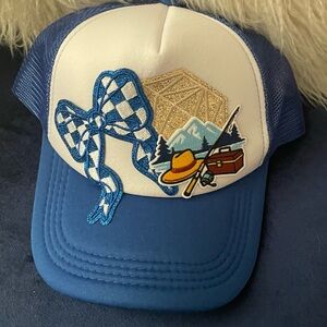 Blue and White Trucker Hat with Embroidered Patches Women’s